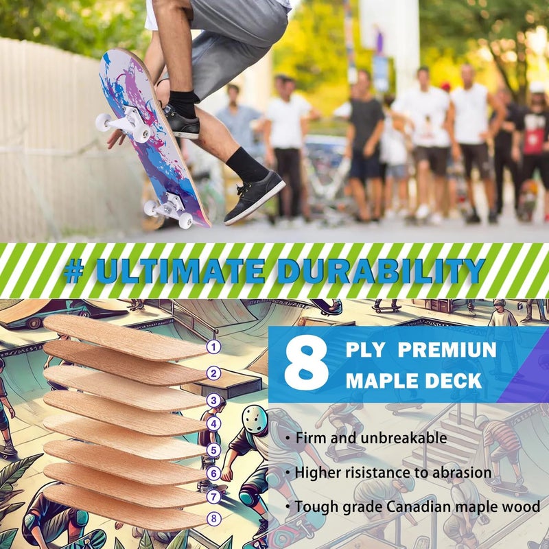 CLYCTIP Skateboard,31 x 8 inch Complete Skateboards for Beginners,8 Layer Maple Concave Cruiser Trick Skate Board for Kids,Teens,Adults - Image 4